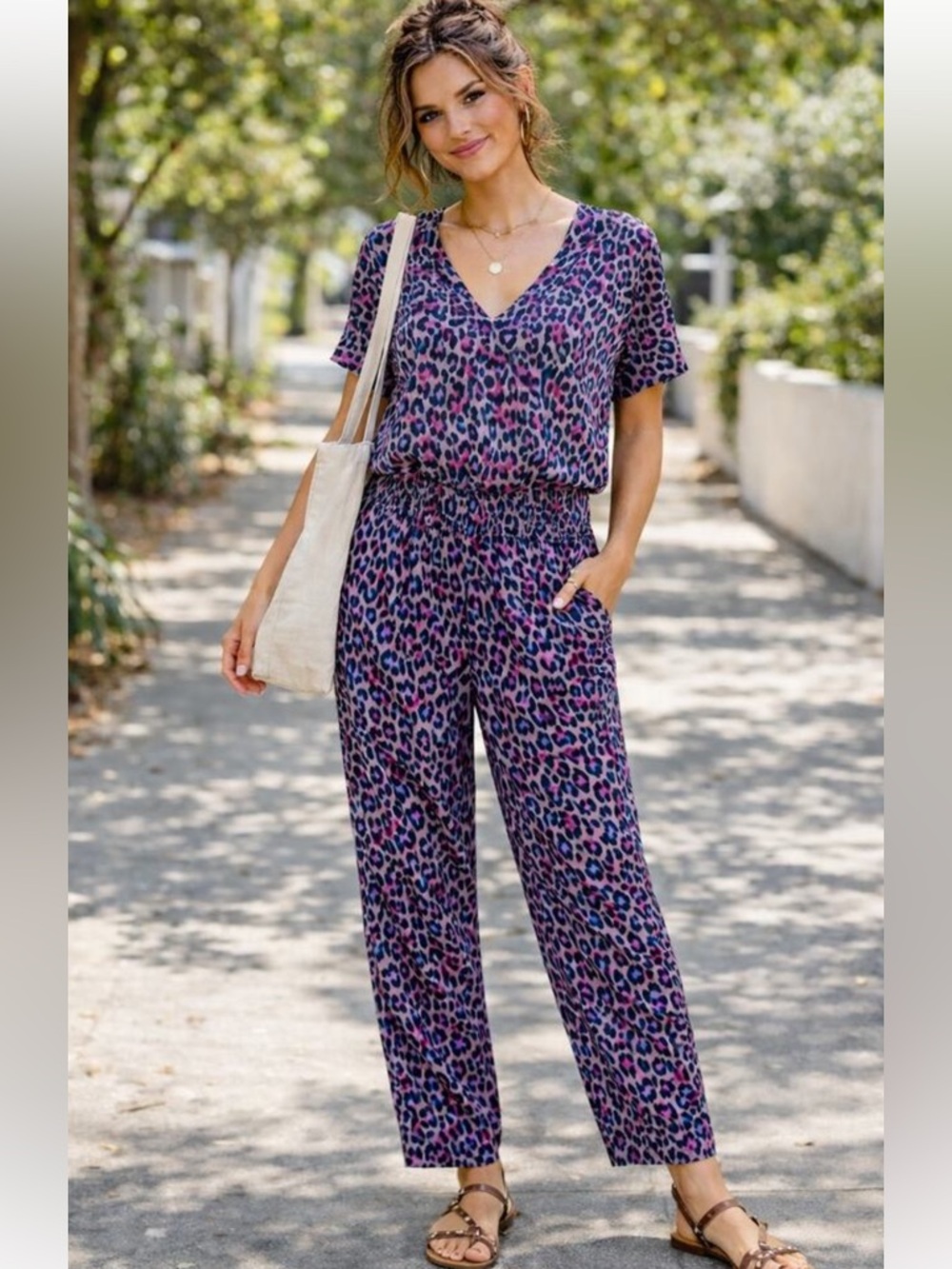 Pact Organic Cotton Wide Leg Animal Print Jumpsuit Drawstring Waist Size XXL